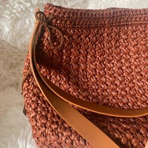 Handmade Woven Straw Bucket Bag Beach Purse Leather Straps